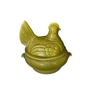 VINTAGE LARGE GREEN CHICKEN CASSEROLE TUREEN WARMER CALIFORNIA POTTERY USA C-40